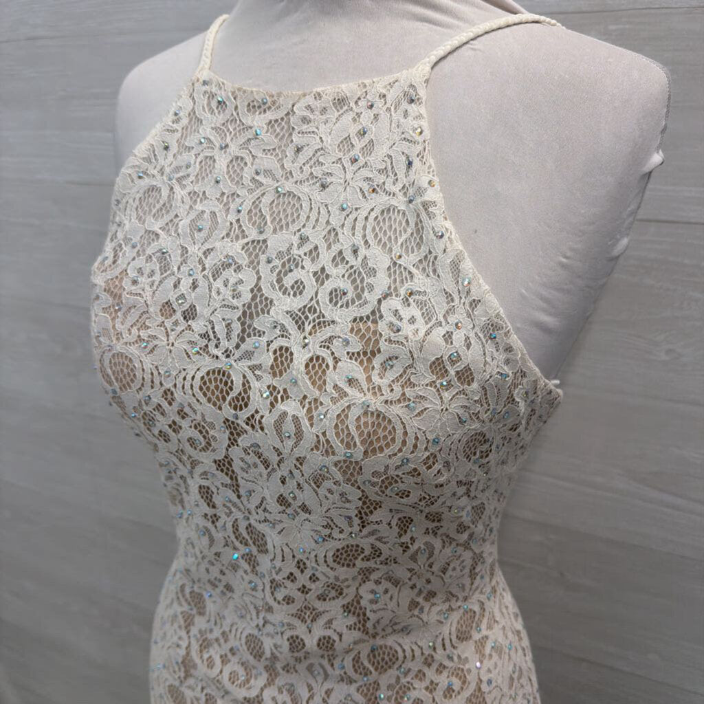 The Secret Dress White Embellished Lace High Neck Formal 8