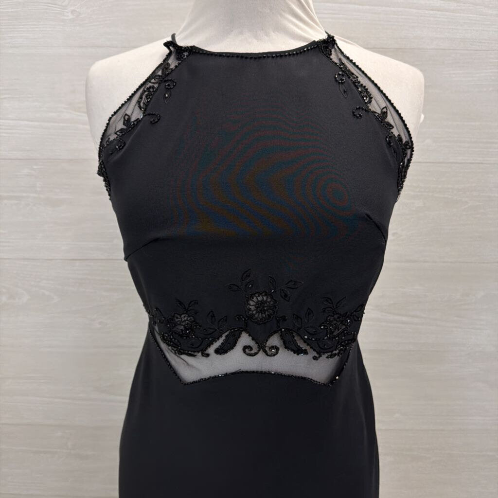 Reflections Black Beaded Sheer Waist High Neck Long Formal Dress 6