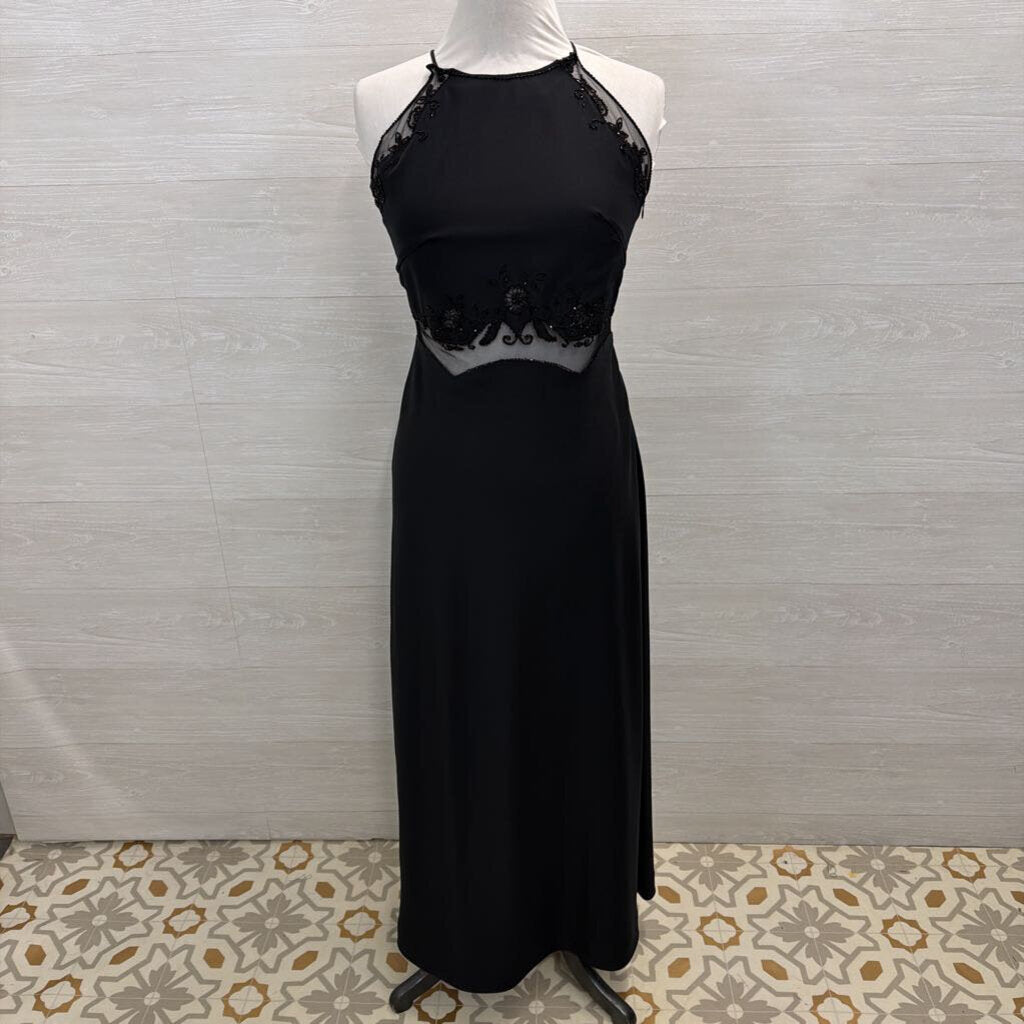 Reflections Black Beaded Sheer Waist High Neck Long Formal Dress 6