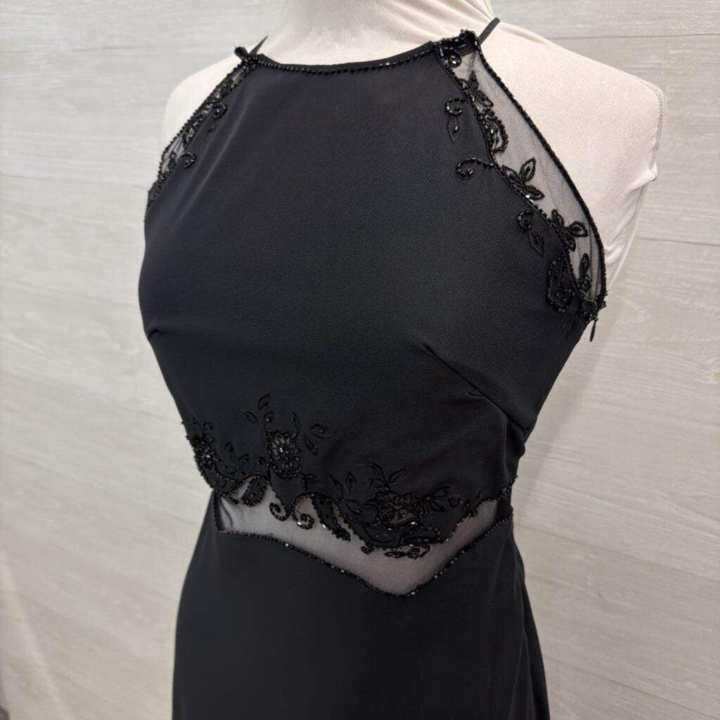 Reflections Black Beaded Sheer Waist High Neck Long Formal Dress 6