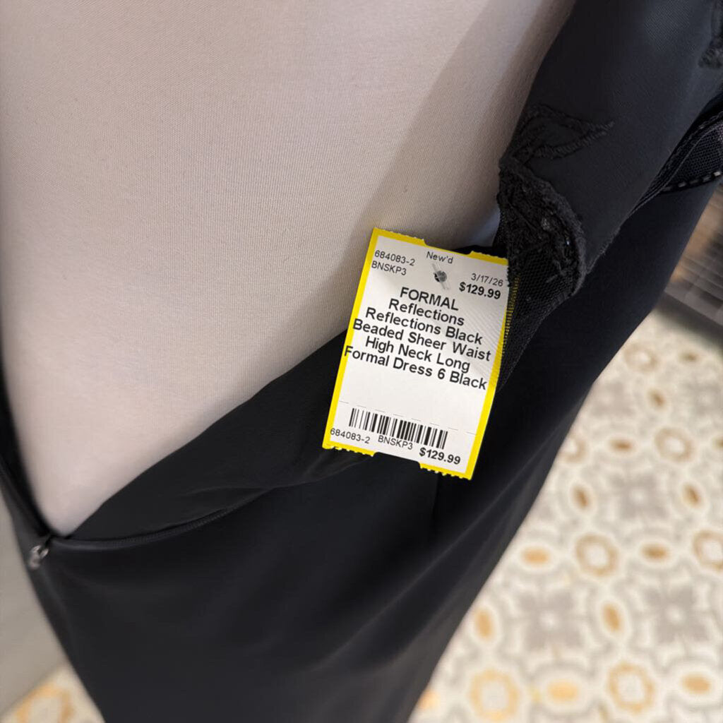 Reflections Black Beaded Sheer Waist High Neck Long Formal Dress 6