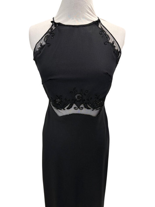 Reflections Black Beaded Sheer Waist High Neck Long Formal Dress 6