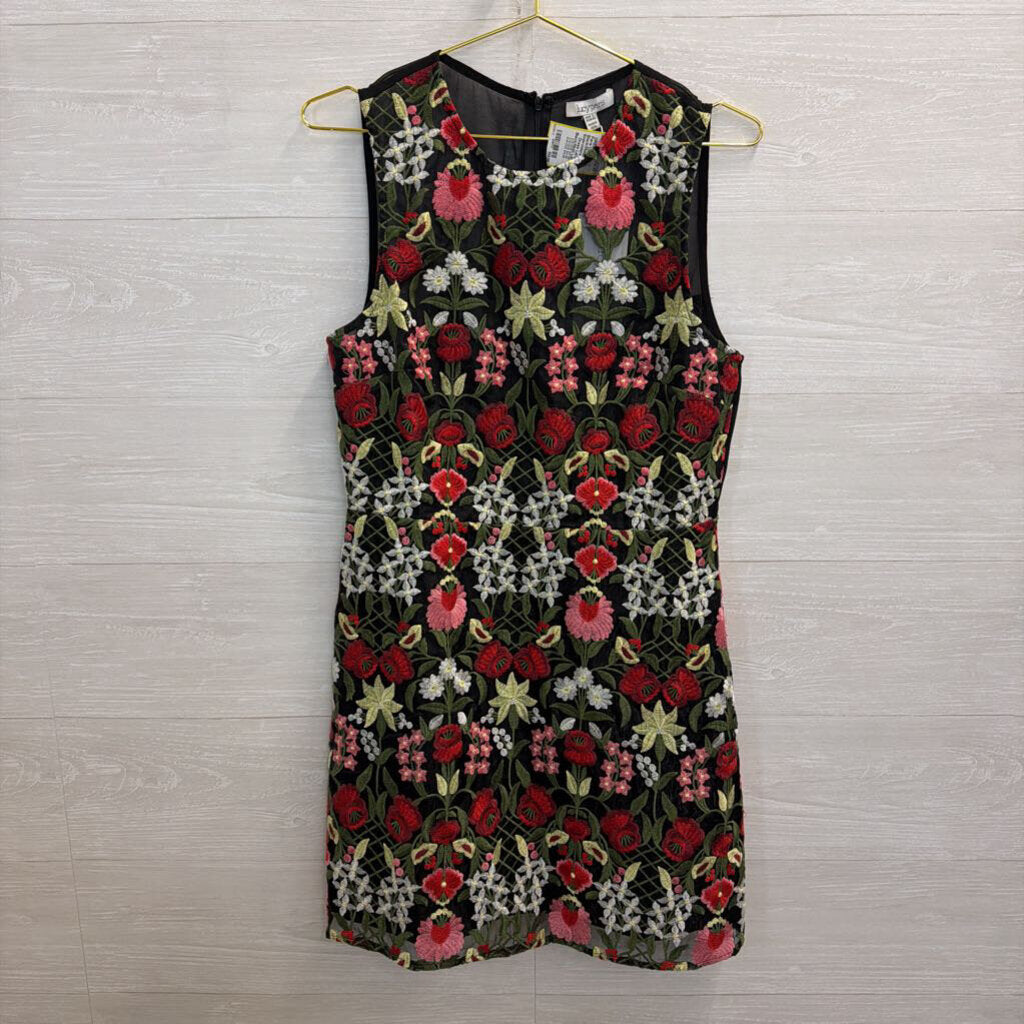 Lucy Paris Black/Multi Floral Embroidered Mini Dress Large