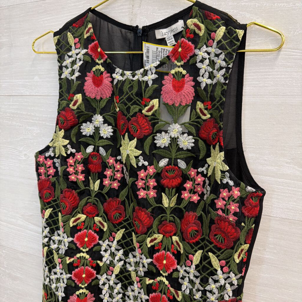 Lucy Paris Black/Multi Floral Embroidered Mini Dress Large