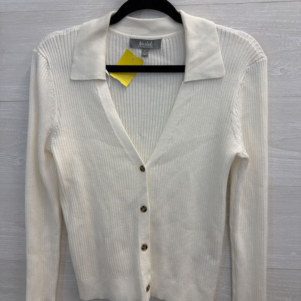 Marled White Ribbed Long Sleeve Button Front Top Small
