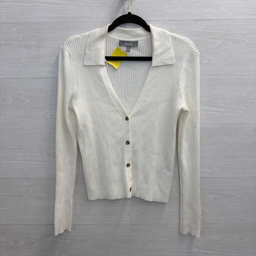 Marled White Ribbed Long Sleeve Button Front Top Small