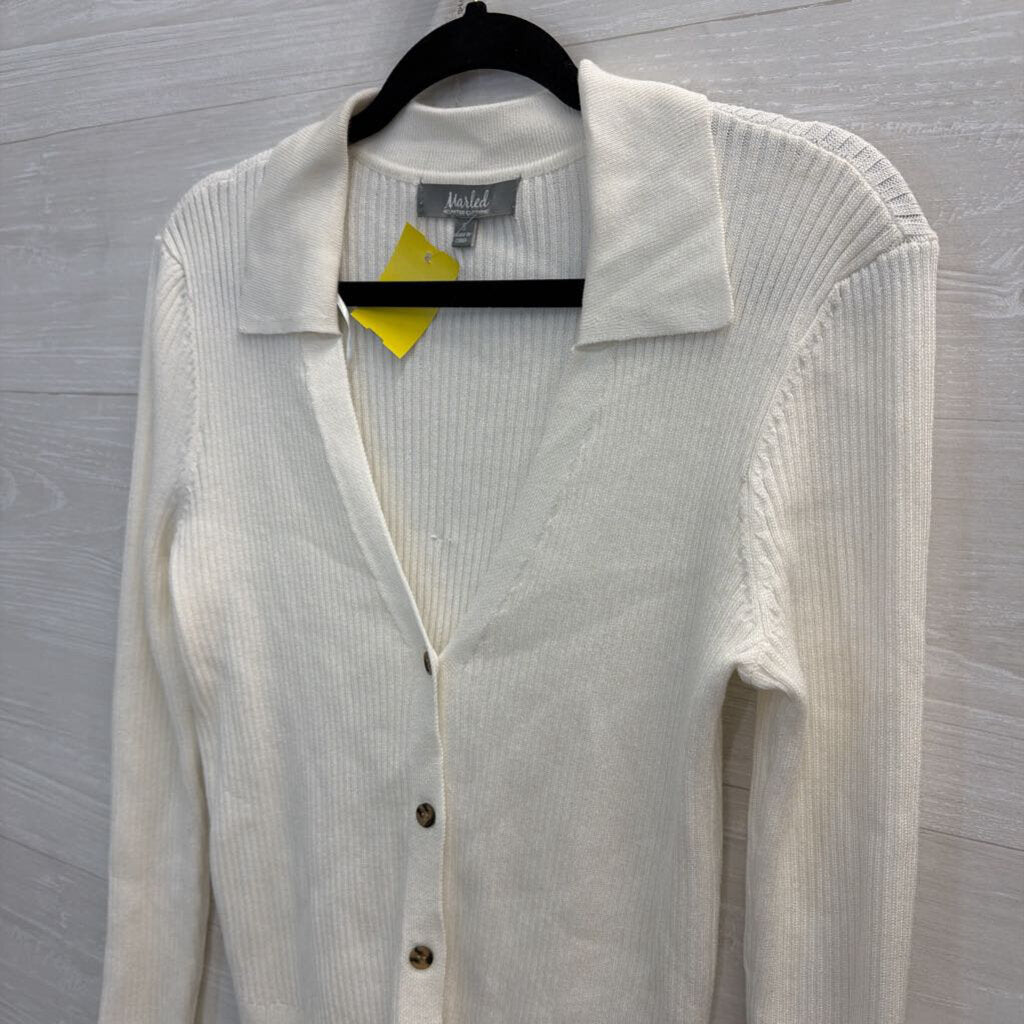 Marled White Ribbed Long Sleeve Button Front Top Small