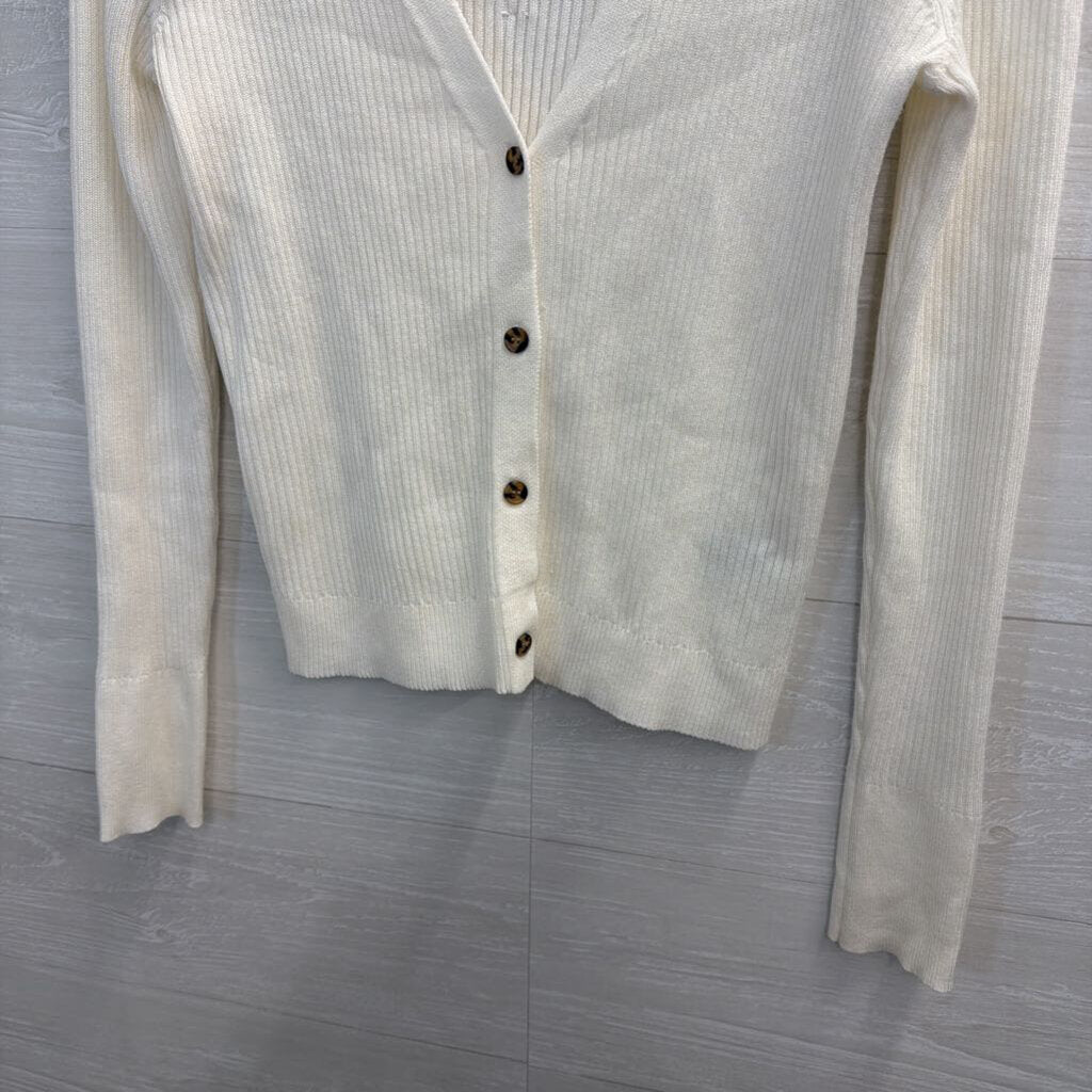 Marled White Ribbed Long Sleeve Button Front Top Small