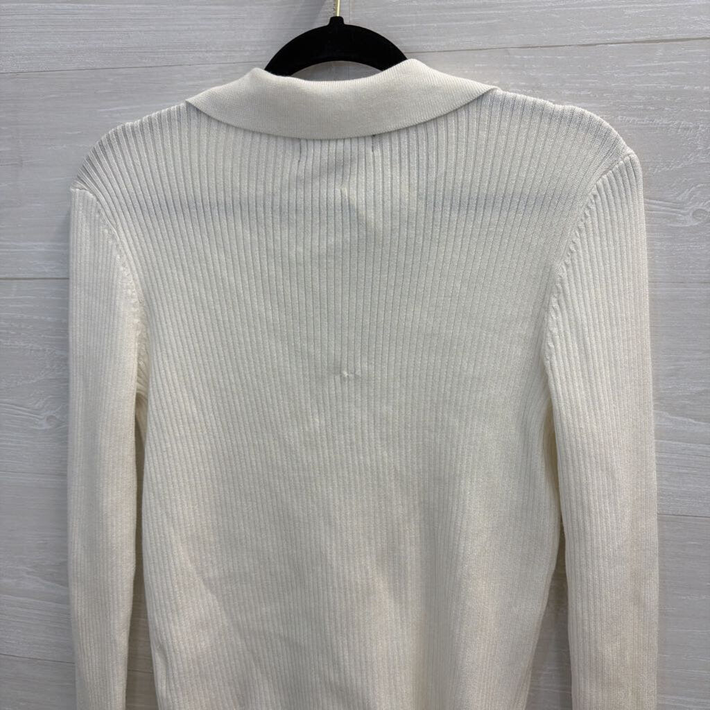 Marled White Ribbed Long Sleeve Button Front Top Small