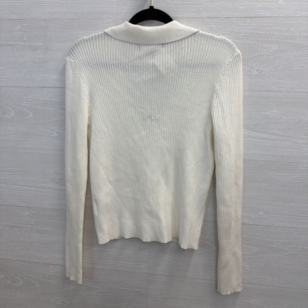 Marled White Ribbed Long Sleeve Button Front Top Small