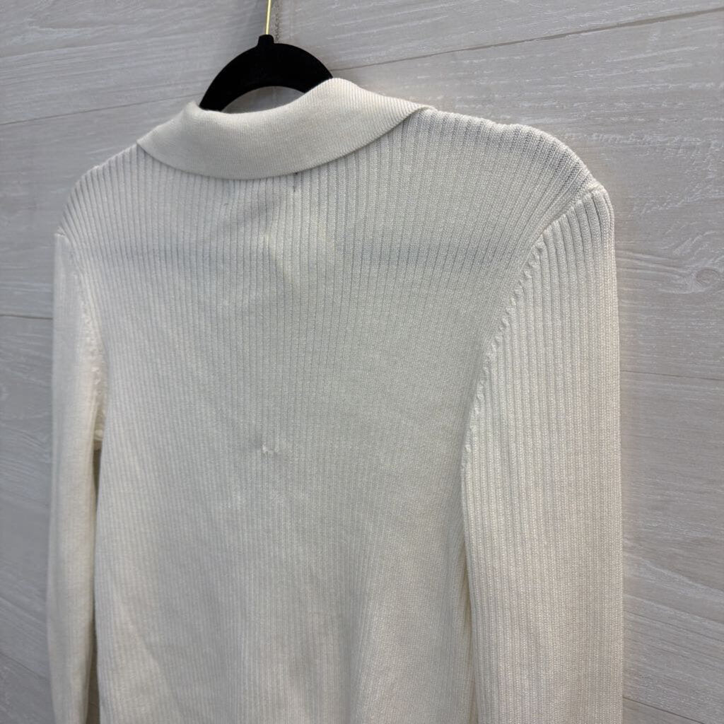 Marled White Ribbed Long Sleeve Button Front Top Small