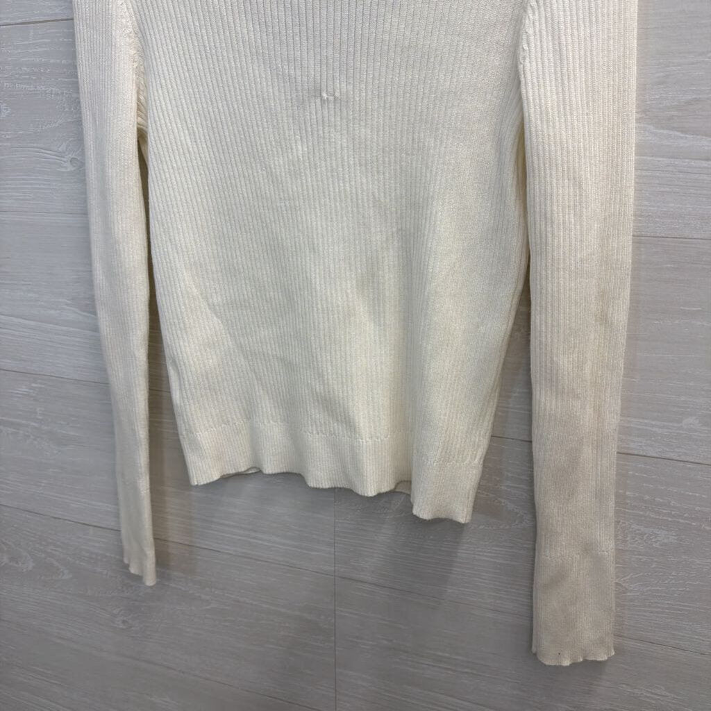 Marled White Ribbed Long Sleeve Button Front Top Small
