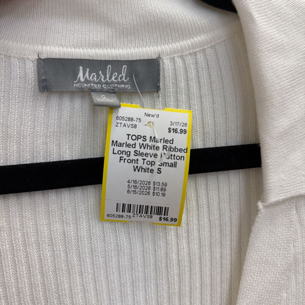 Marled White Ribbed Long Sleeve Button Front Top Small