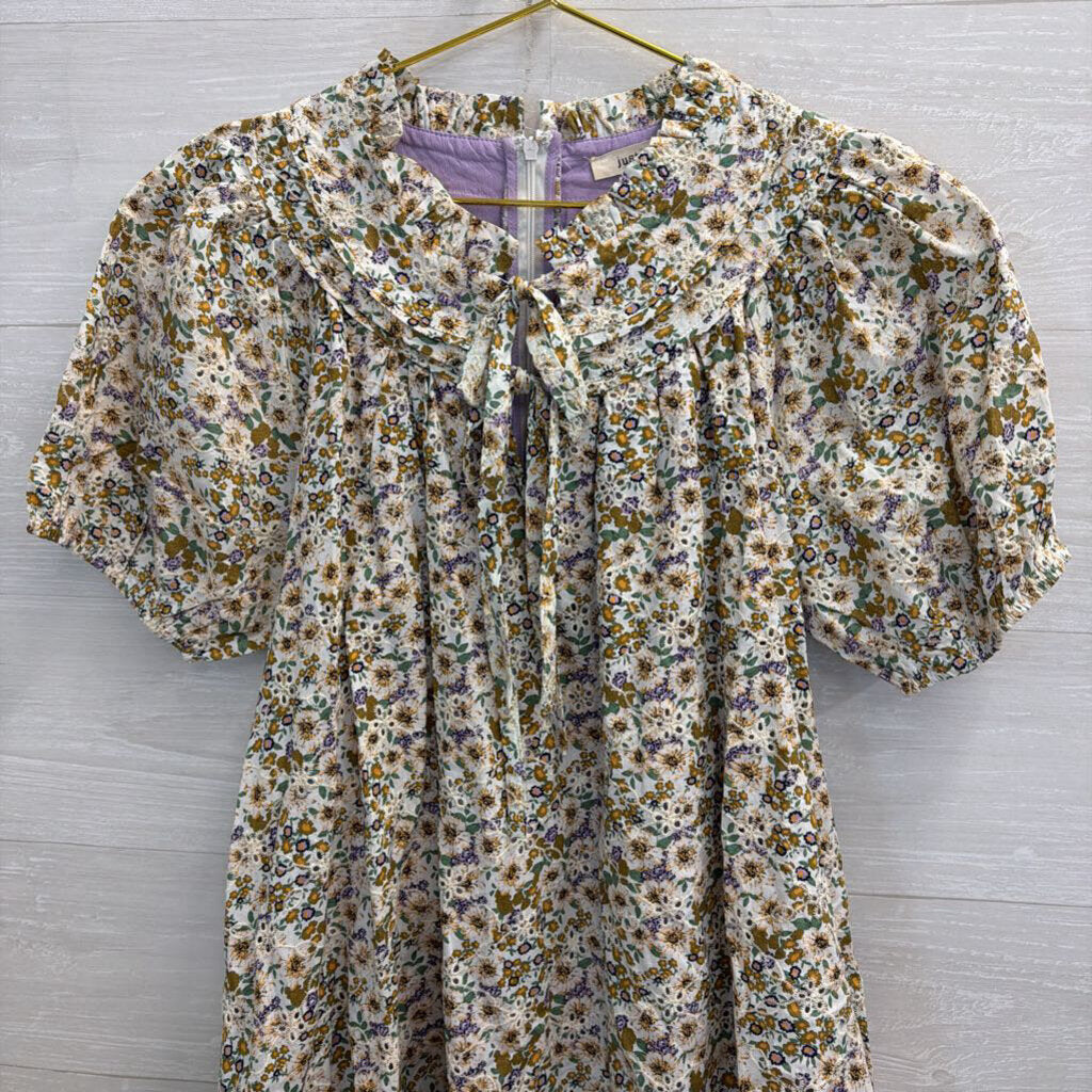 Just Me White/ Multi Eyelet Floral Short Puff Sleeve Dress Medium