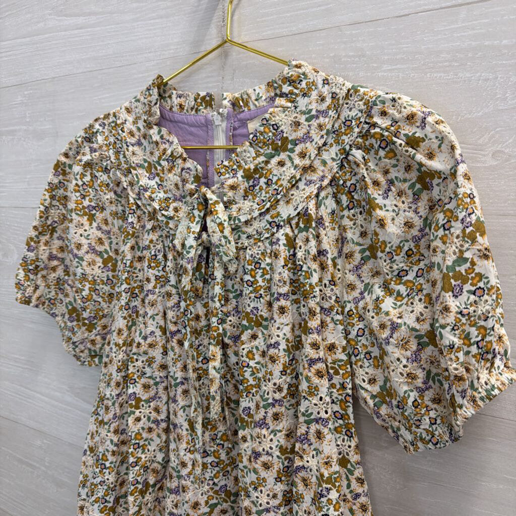Just Me White/ Multi Eyelet Floral Short Puff Sleeve Dress Medium