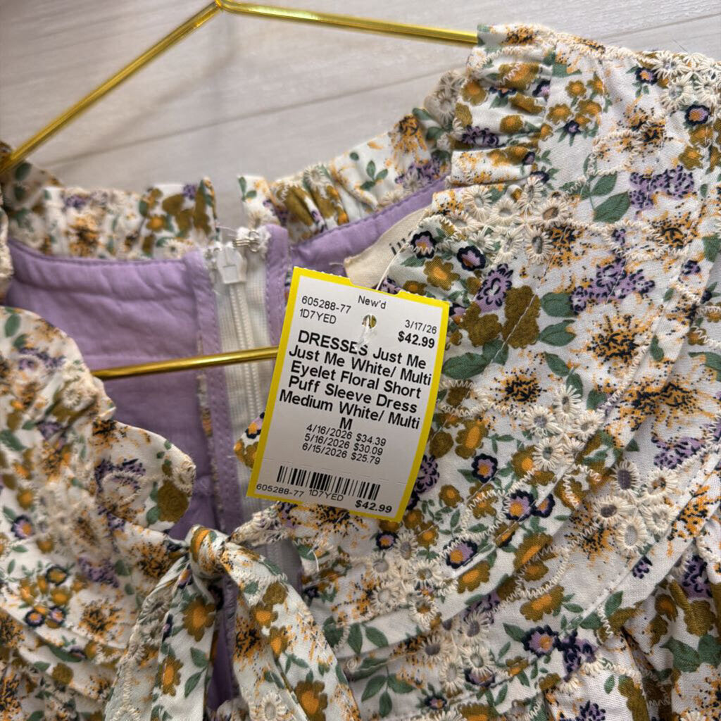 Just Me White/ Multi Eyelet Floral Short Puff Sleeve Dress Medium