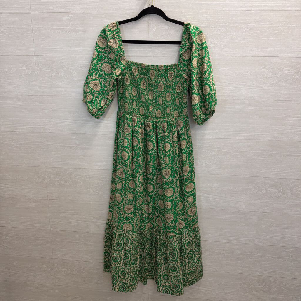 House of Harlow Green/ Beige Print Short Puff Sleeve Maxi Dress Medium