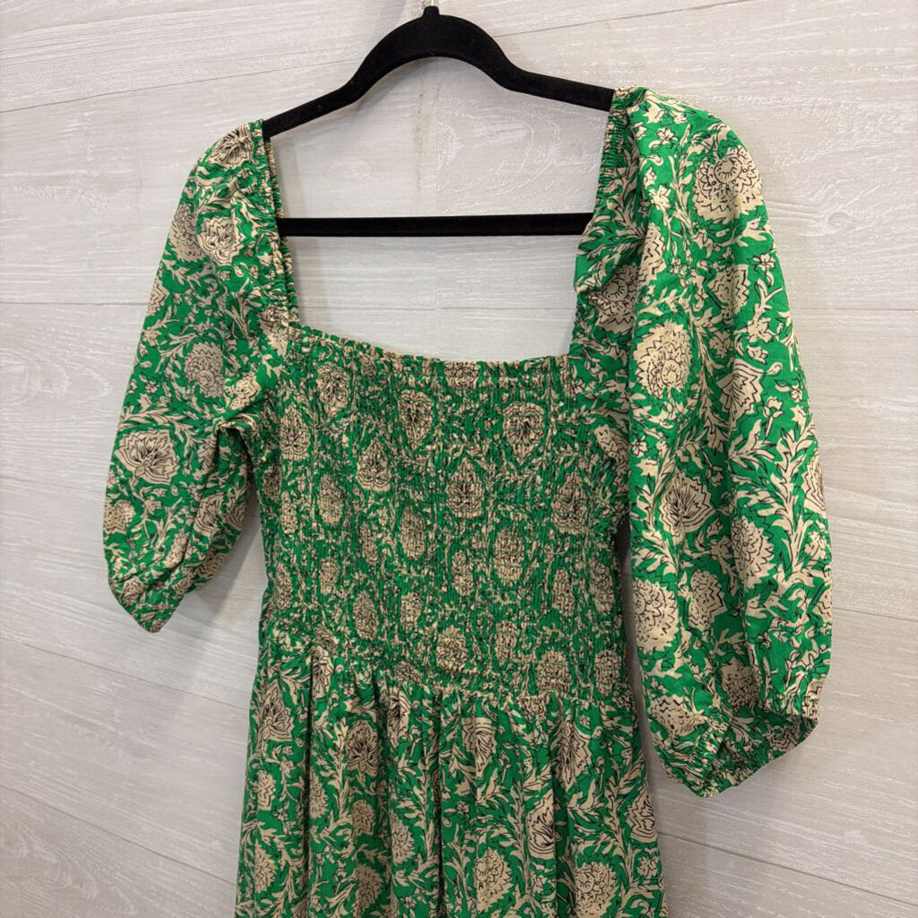 House of Harlow Green/ Beige Print Short Puff Sleeve Maxi Dress Medium