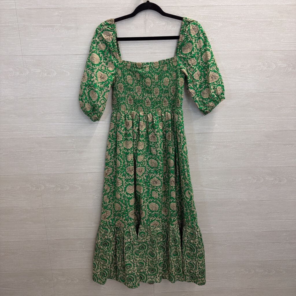 House of Harlow Green/ Beige Print Short Puff Sleeve Maxi Dress Medium