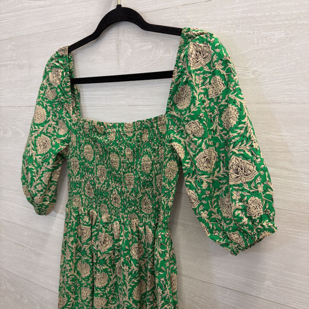 House of Harlow Green/ Beige Print Short Puff Sleeve Maxi Dress Medium