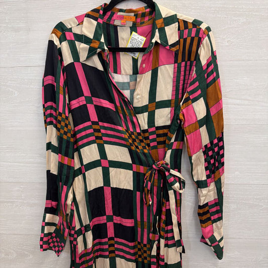 Vilagallo White/ Multi Print Long Sleeve Button Front Midi Dress 42
