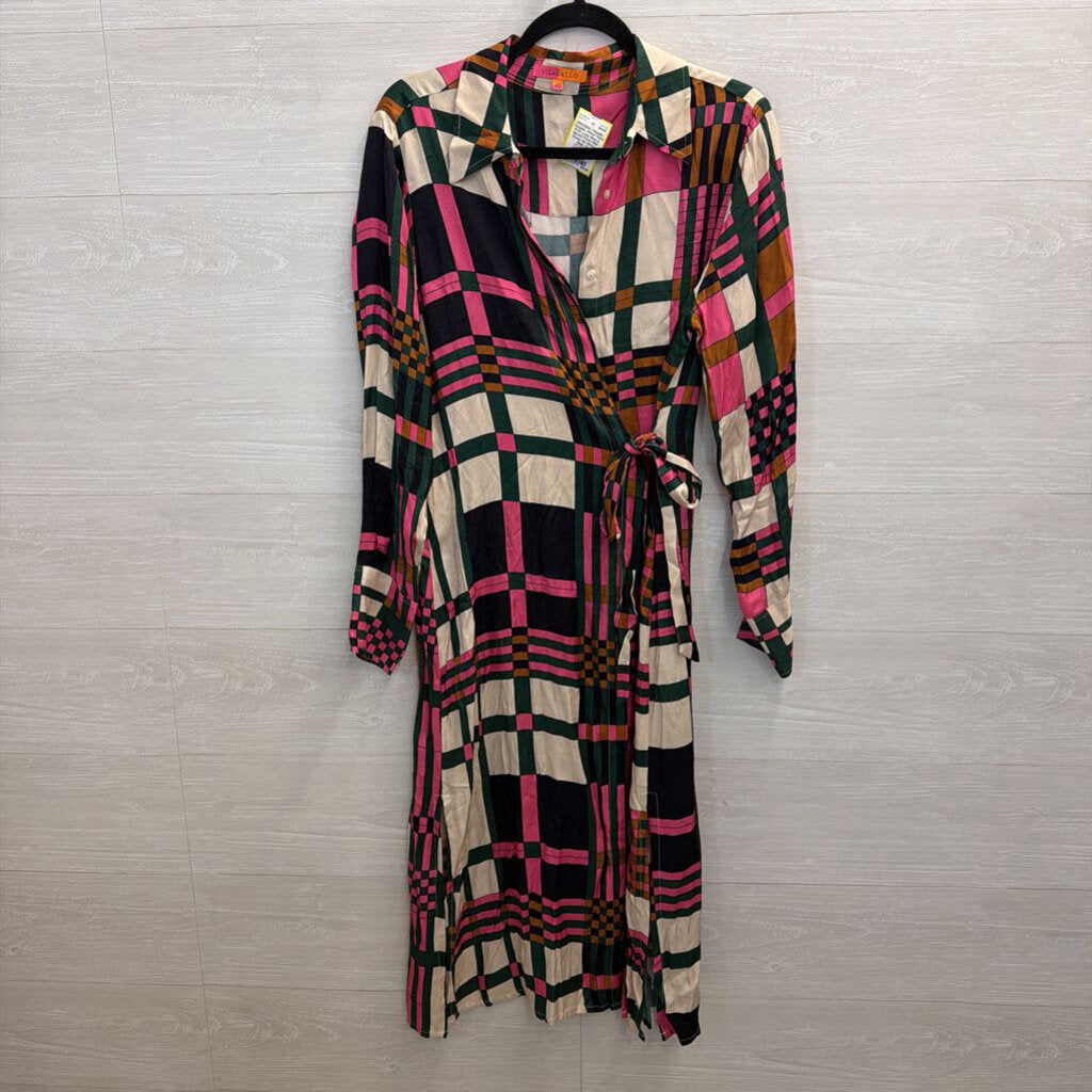 Vilagallo White/ Multi Print Long Sleeve Button Front Midi Dress 42