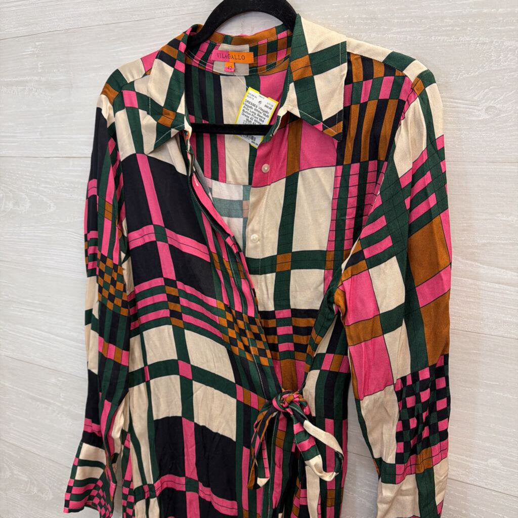 Vilagallo White/ Multi Print Long Sleeve Button Front Midi Dress 42