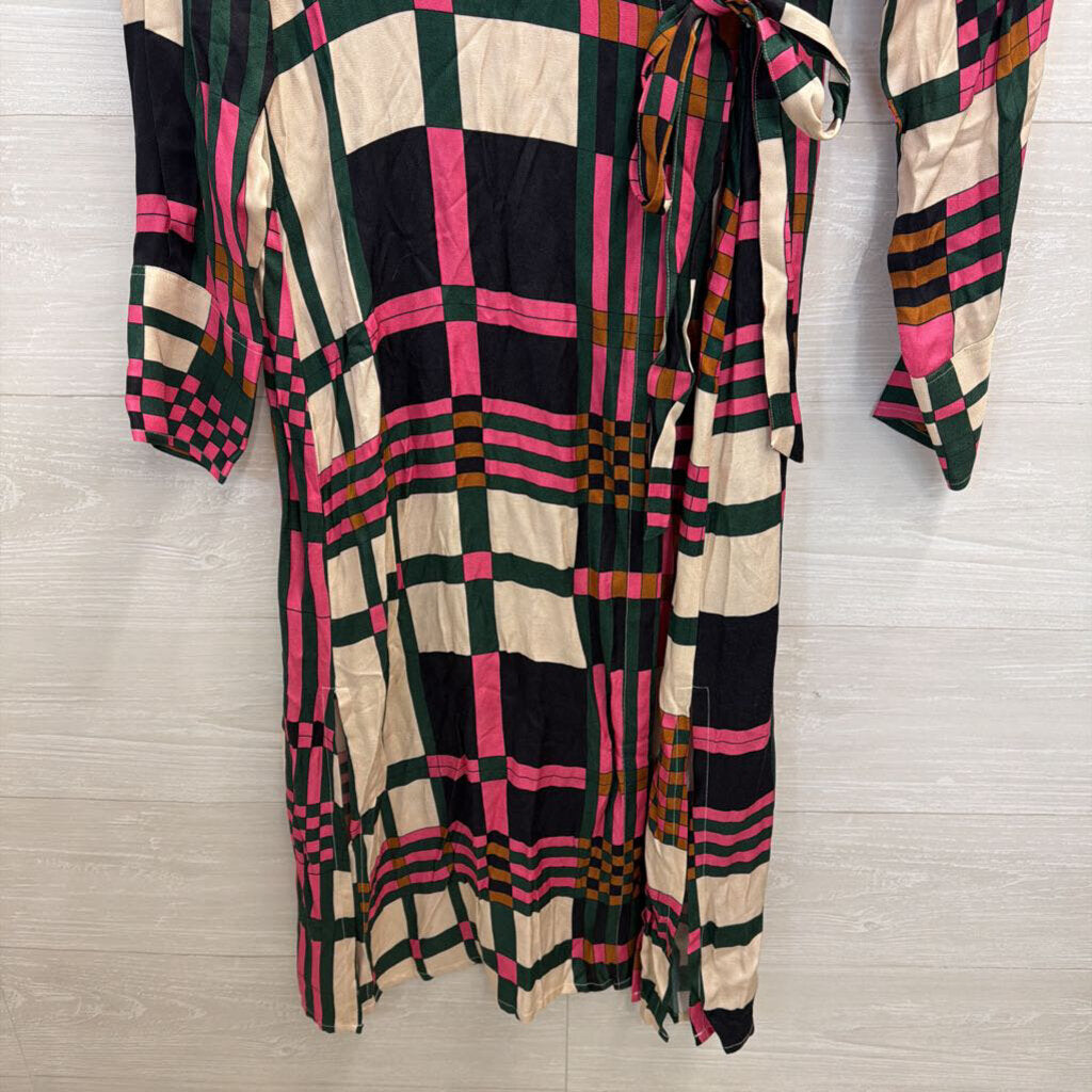 Vilagallo White/ Multi Print Long Sleeve Button Front Midi Dress 42