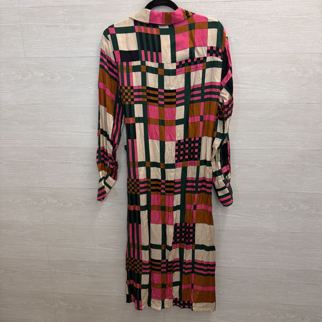Vilagallo White/ Multi Print Long Sleeve Button Front Midi Dress 42