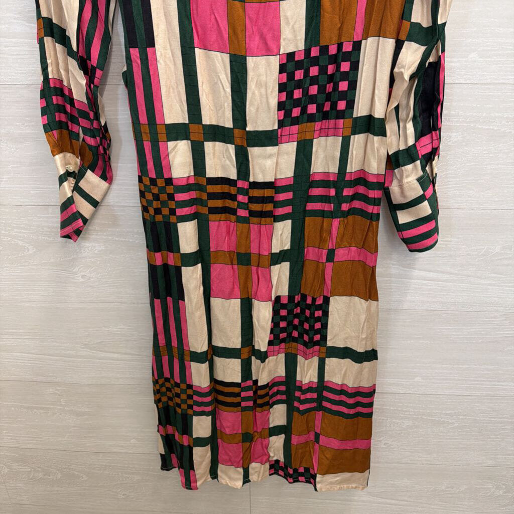 Vilagallo White/ Multi Print Long Sleeve Button Front Midi Dress 42