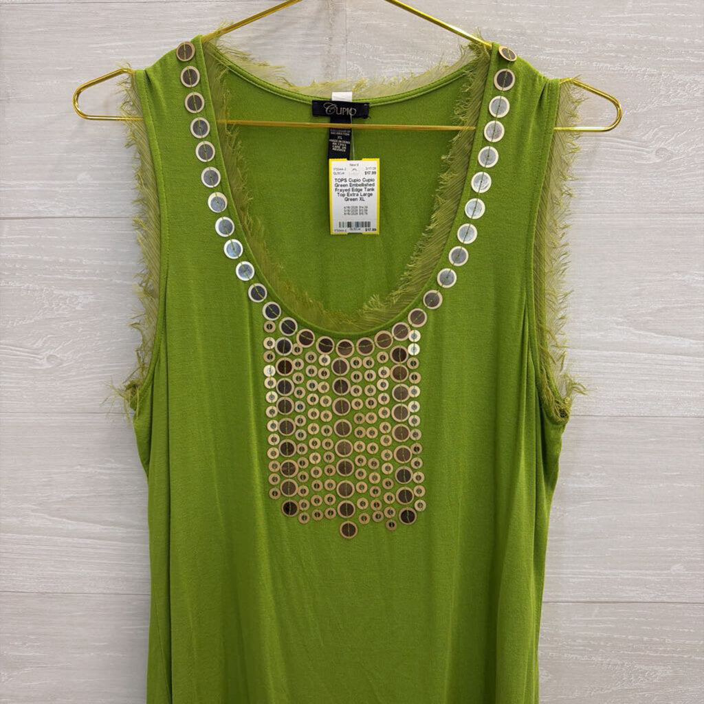 Cupio Green Embellished Frayed Edge Tank Top Extra Large