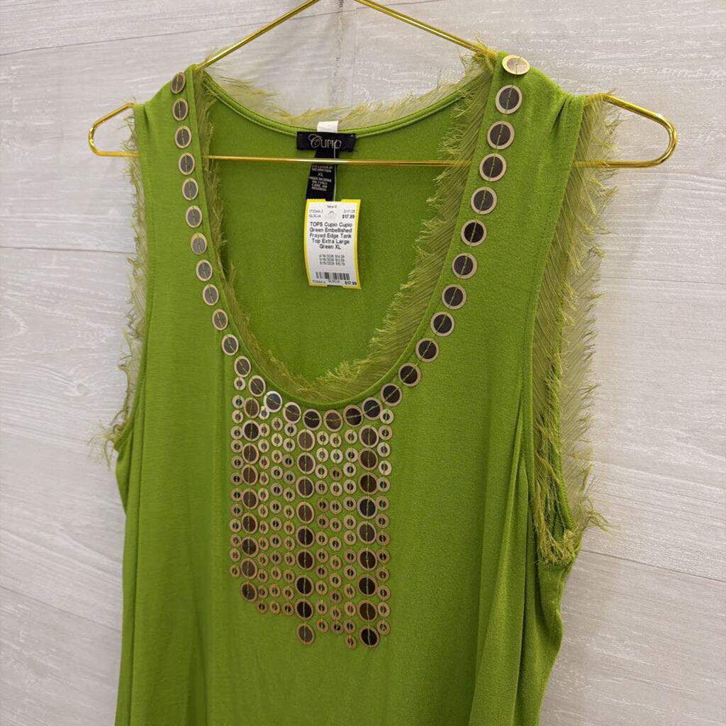 Cupio Green Embellished Frayed Edge Tank Top Extra Large