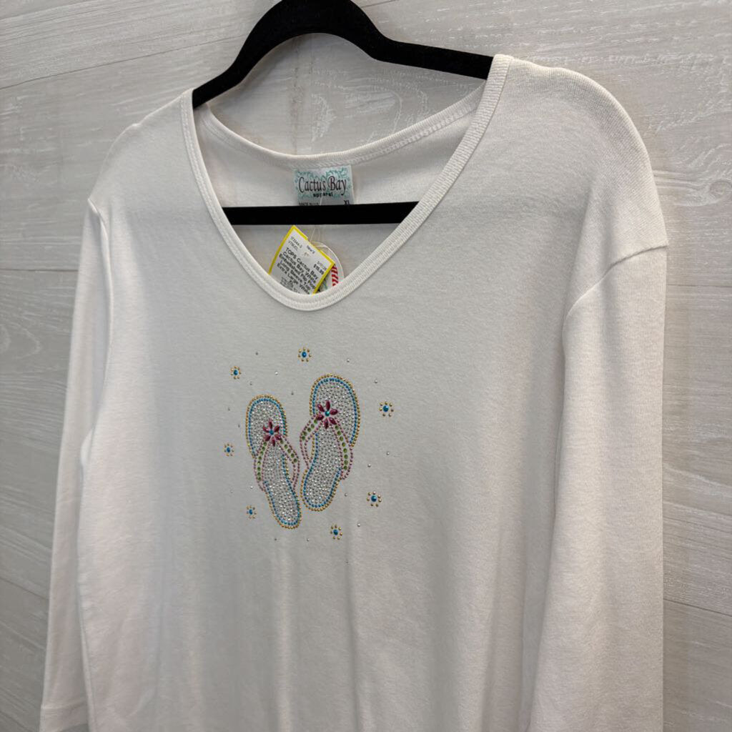 Cactus Bay White Embellished Flip Flop Long Sleeve Top Extra Large