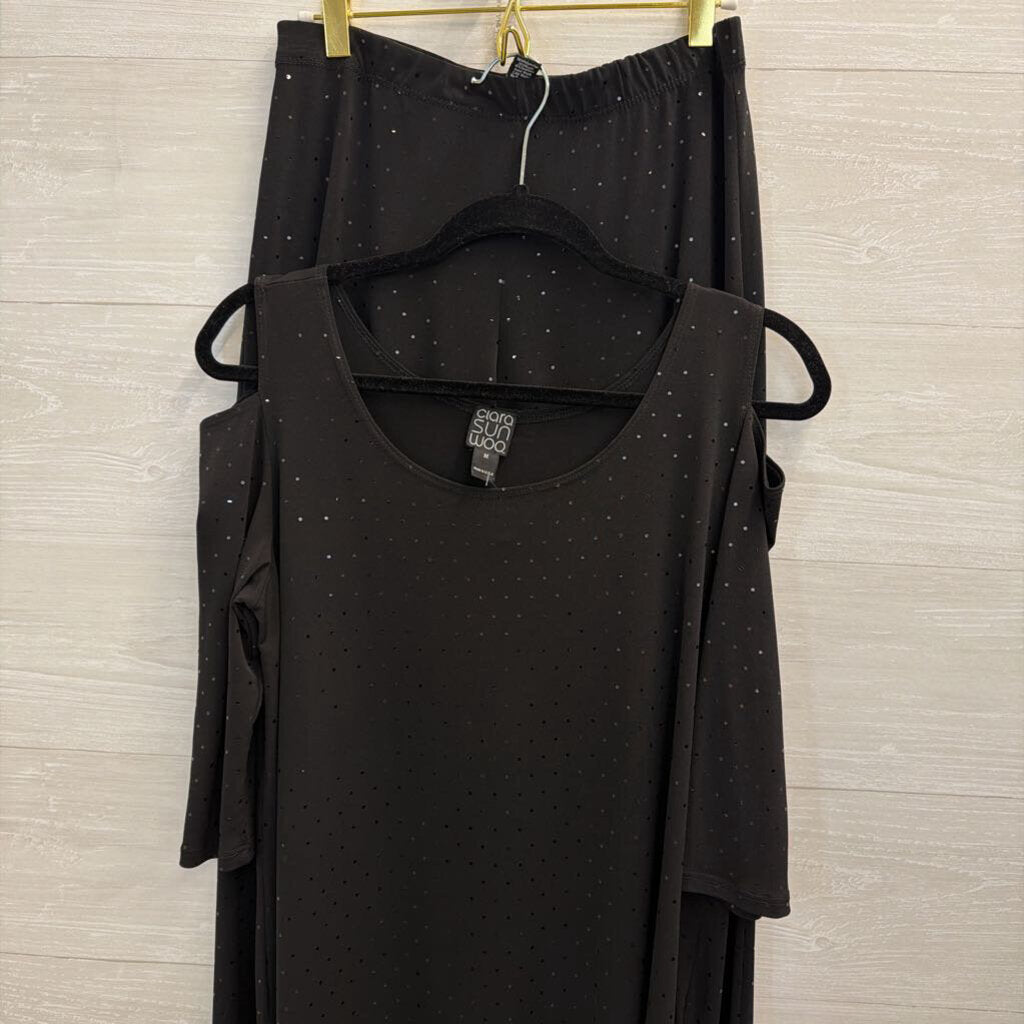 Clara Sun Woo Black Sparkle Long Sleeve Tunic Top/ Pull On Pants Set Medium