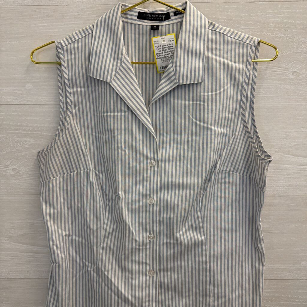 Jones New York Blue/ White Striped Sleeveless Button Down Top Medium