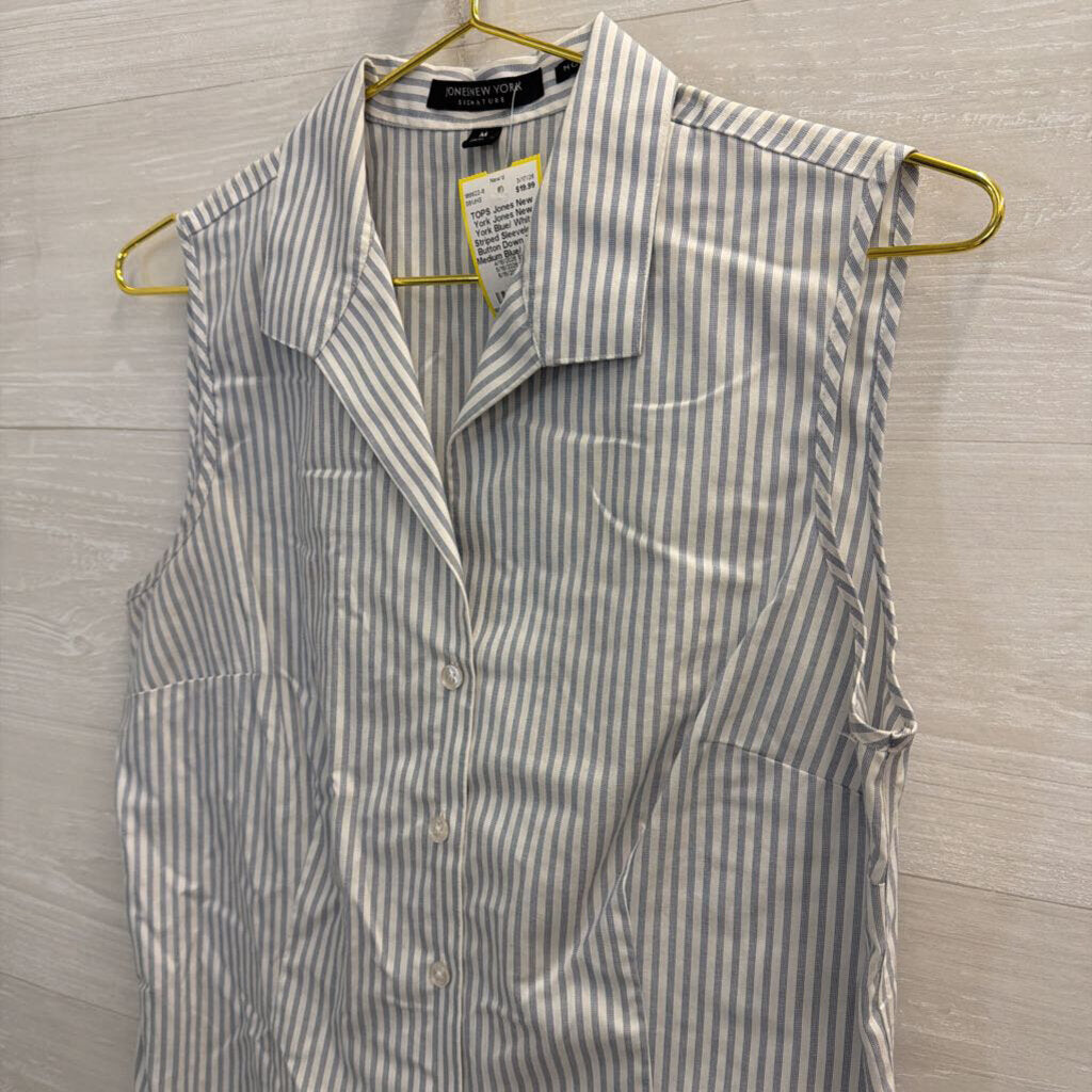 Jones New York Blue/ White Striped Sleeveless Button Down Top Medium