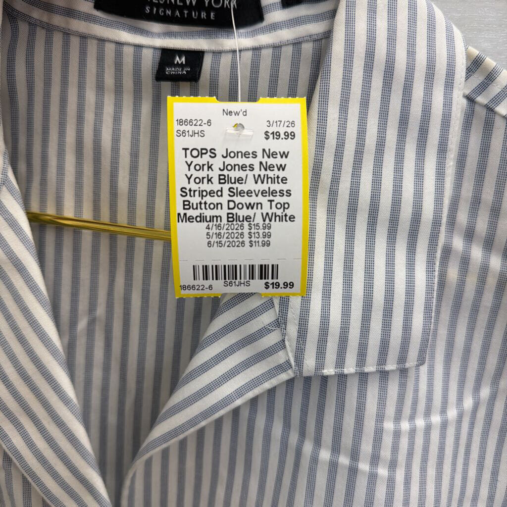 Jones New York Blue/ White Striped Sleeveless Button Down Top Medium