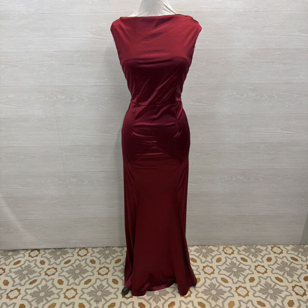 Muxxn Burgundy Silky High Neck Long Formal Dress Large