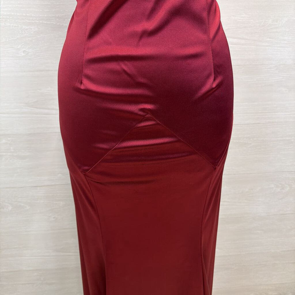 Muxxn Burgundy Silky High Neck Long Formal Dress Large