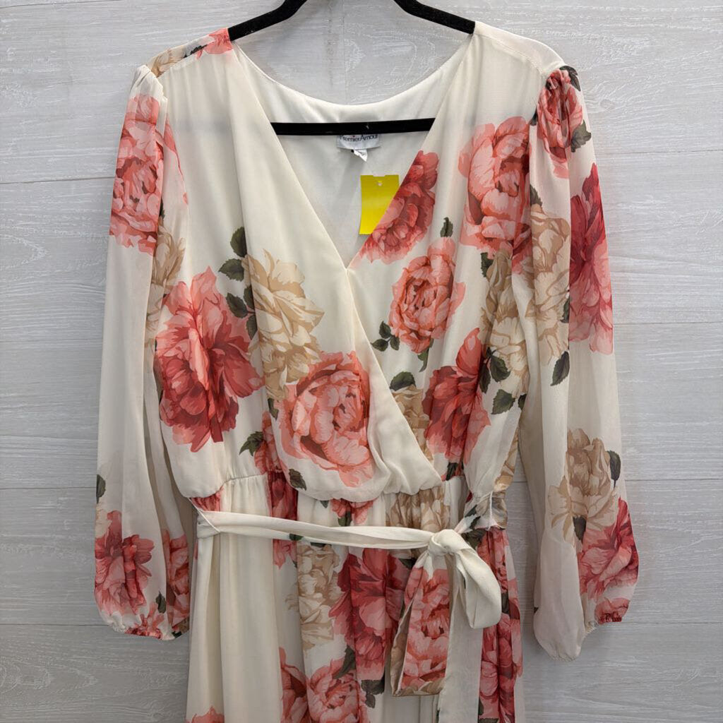 Premier Amour White/ Pink Floral Print Long Sleeve Maxi Dress 16