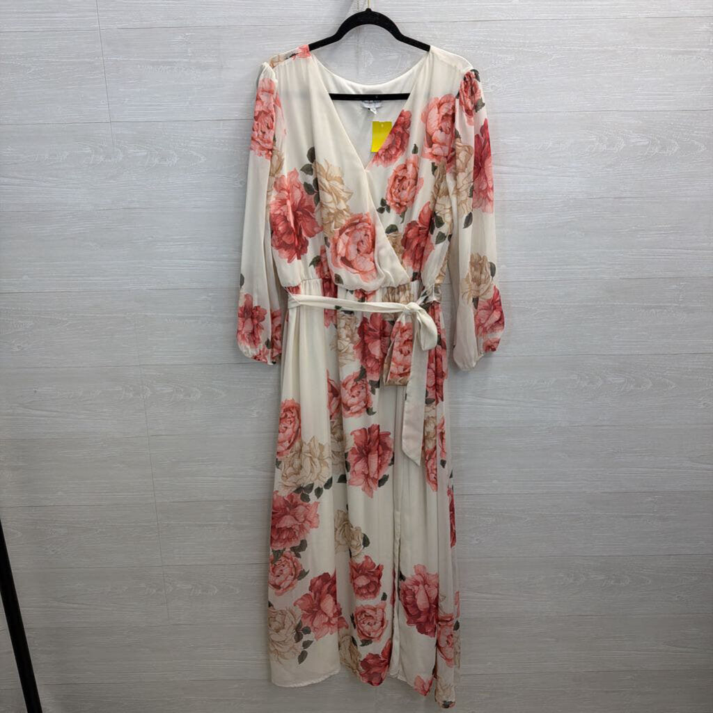 Premier Amour White/ Pink Floral Print Long Sleeve Maxi Dress 16