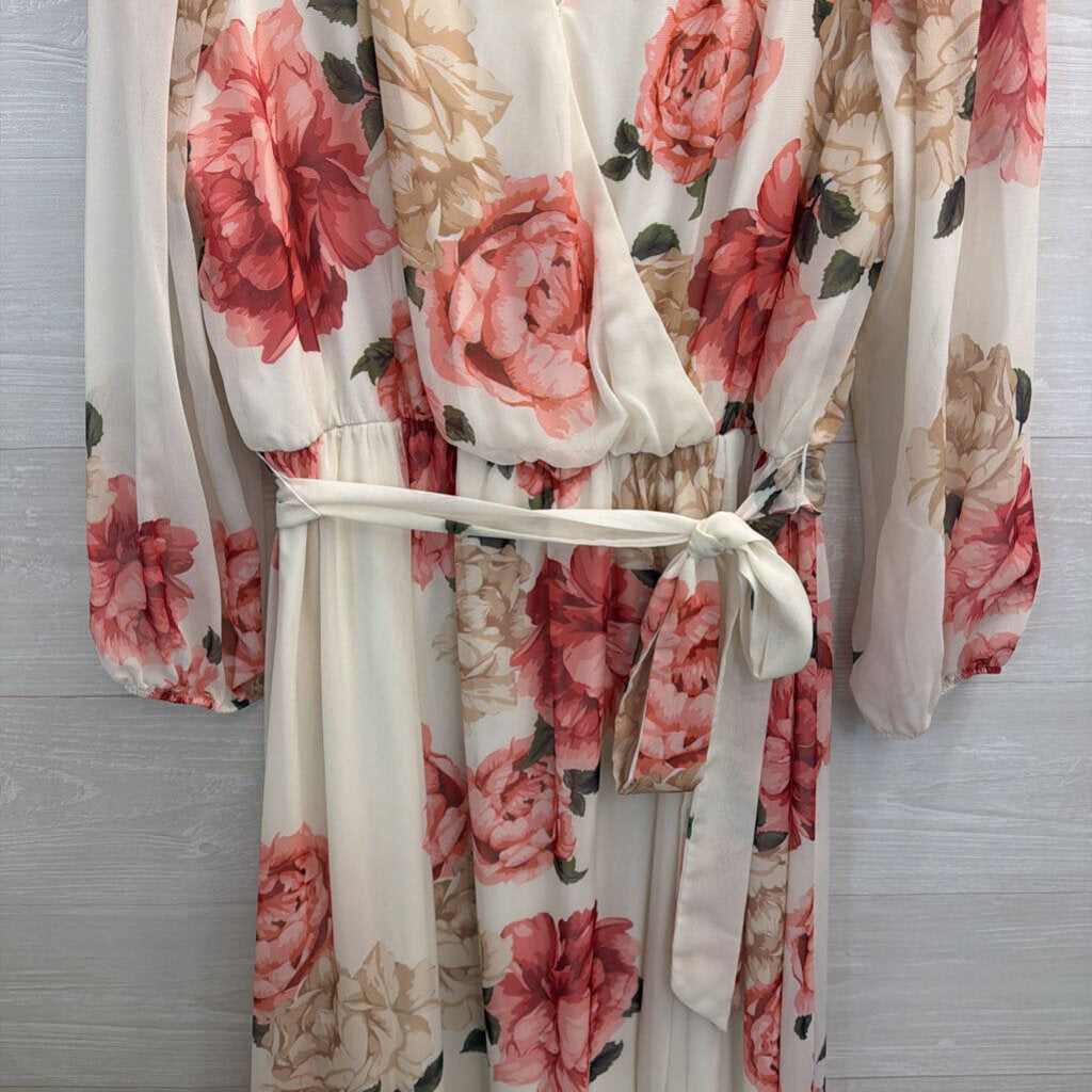 Premier Amour White/ Pink Floral Print Long Sleeve Maxi Dress 16