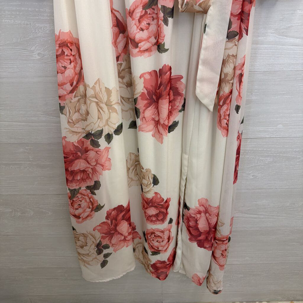 Premier Amour White/ Pink Floral Print Long Sleeve Maxi Dress 16