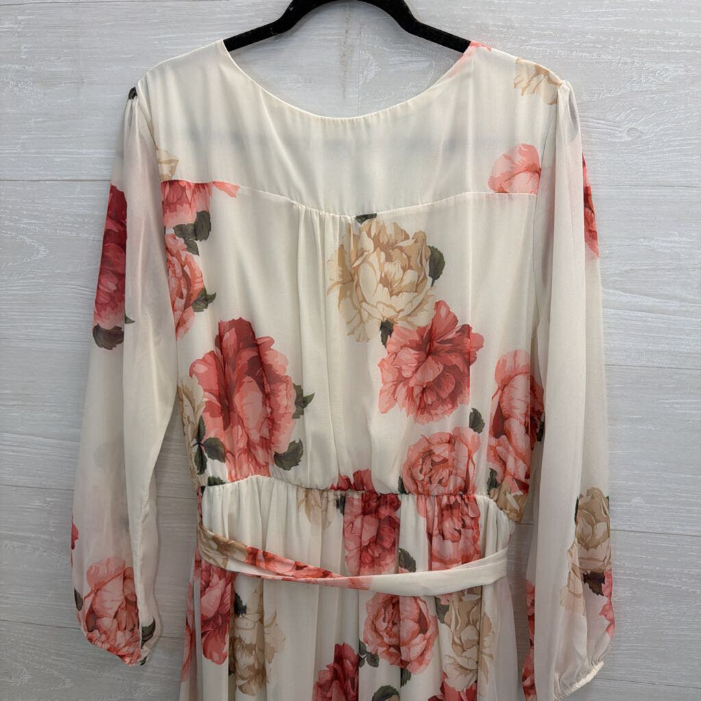 Premier Amour White/ Pink Floral Print Long Sleeve Maxi Dress 16