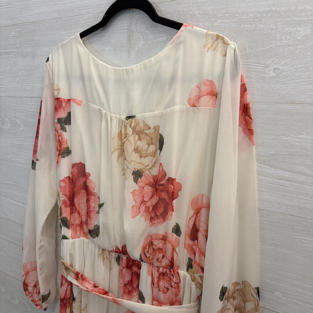 Premier Amour White/ Pink Floral Print Long Sleeve Maxi Dress 16