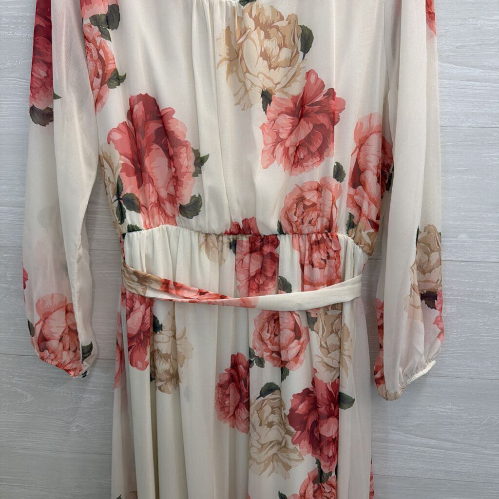 Premier Amour White/ Pink Floral Print Long Sleeve Maxi Dress 16