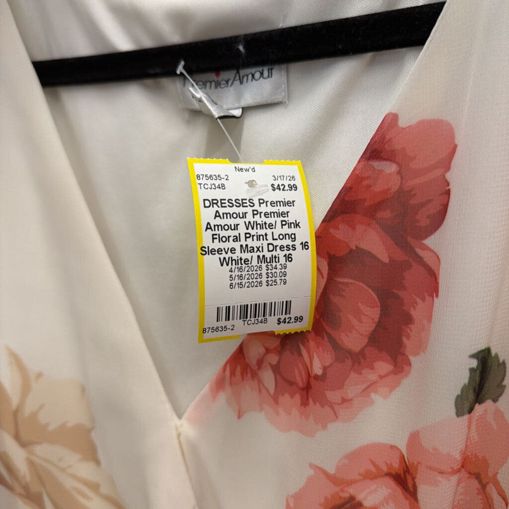 Premier Amour White/ Pink Floral Print Long Sleeve Maxi Dress 16