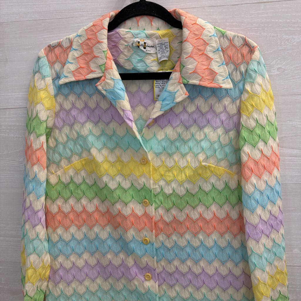 Vintage Marty Gutmacker White/ Multi Striped Long SLeeve Button Front Top Medium