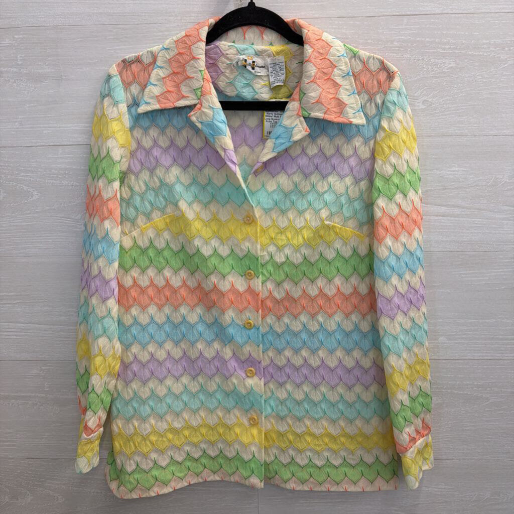 Vintage Marty Gutmacker White/ Multi Striped Long SLeeve Button Front Top Medium