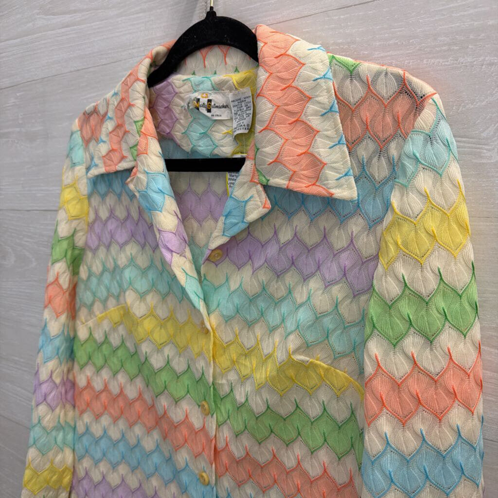 Vintage Marty Gutmacker White/ Multi Striped Long SLeeve Button Front Top Medium